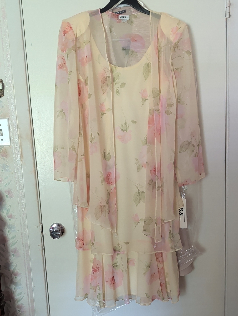 Vintage J.B.S. Ltd. Banana Color Floral Tea Length Dress With Sheer Jacket NWT